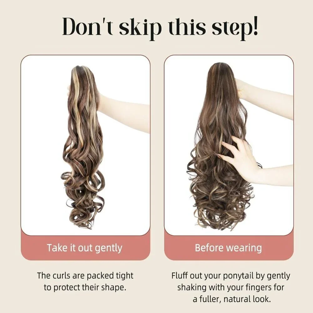 Ponytail Extension Natural Black 24 Inch Curly Wavy Clip-In Hairpiece for Women